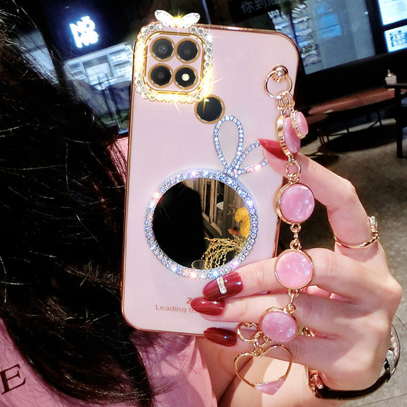 AnDyH Precise camera protection case For OPPO A15 A15S cases Bunny makeup mirror with gemstone bracelet