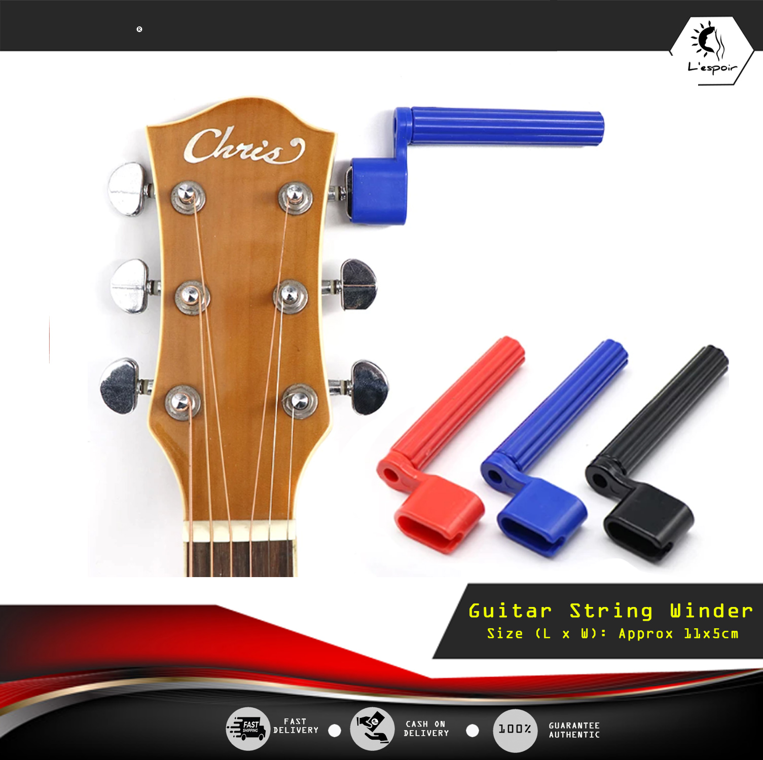 Enrouleur De Cordes De Guitare 2-en-1 - Avec Extracteur De Chevilles De Pont, Plastique ABS, Couleur Noire - 2