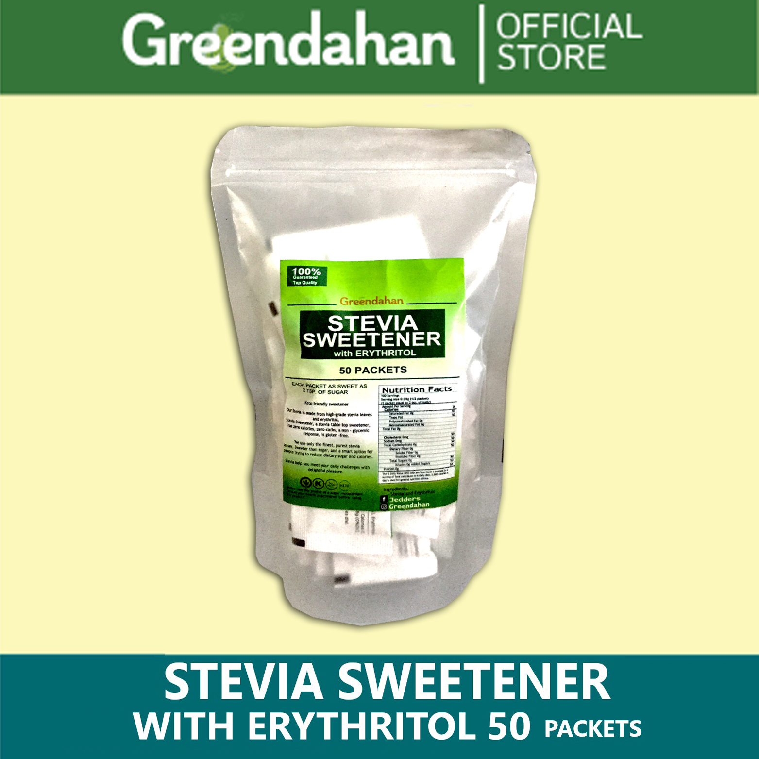 Greendahan Organic Stevia Packets With Erythritol 50 Packets Keto Friendly No Maltodextrin