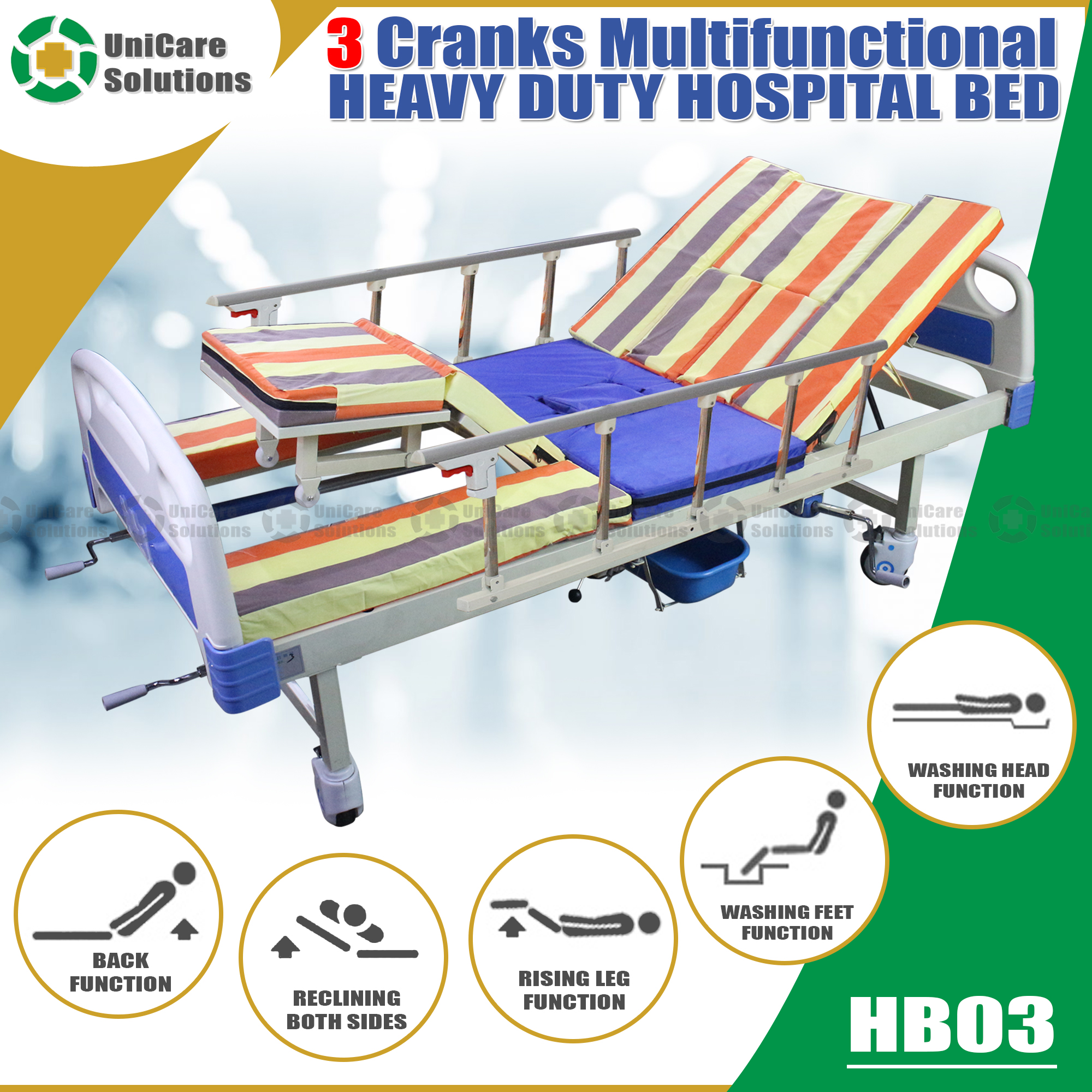 UniCare Solutions Hospital Bed Builtin Commode Adjustable Leg and Back