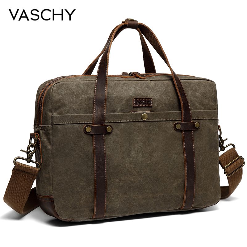 VASCHY Briefcase for Men Water Resistant Waxed Canvas Messenger