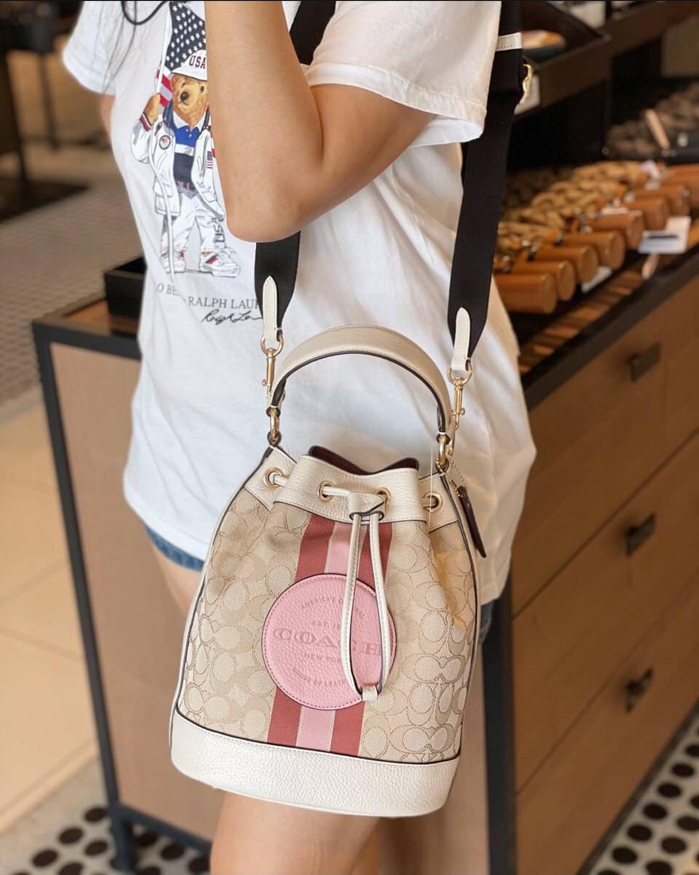 Coach Mini Dempsey Bucket Bag In Signature Jacquard With Stripe And Coach Patch Town 6557