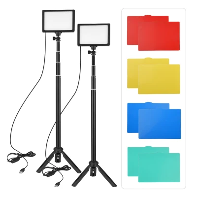 Andoer 2pcs USB LED Video Light Kit Photography Lighting 3200K-5600K 120pcs Beads 14-level Dimmable with 148cm/58in Adjustable Height Tripod Stand 5pcs White/ Red/ Yellow/ Green/ Blue Filters Triple Cold Shoe Mount for Video Live Streaming