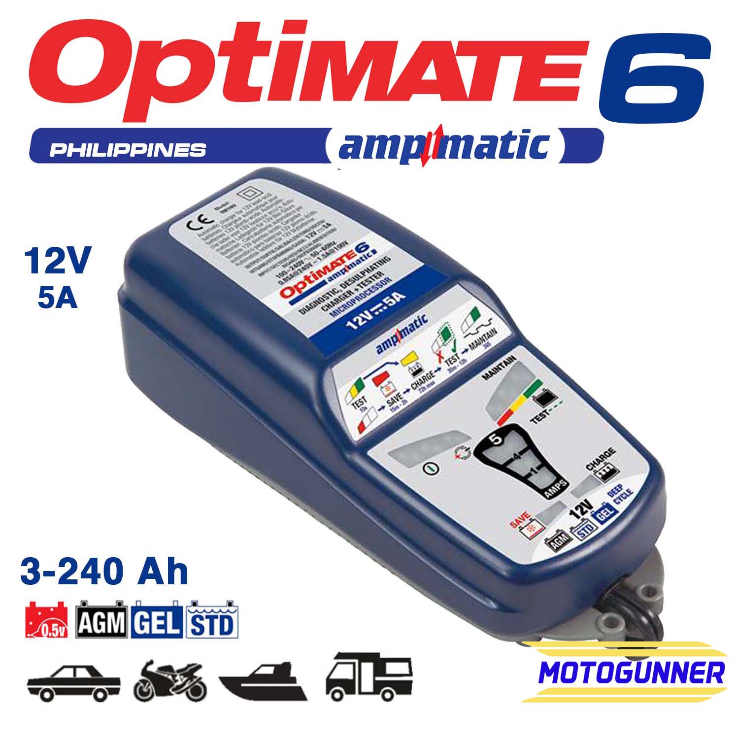Optimate 6 Battery Charger 12V / 5Amp for Truck and Motorcycle
