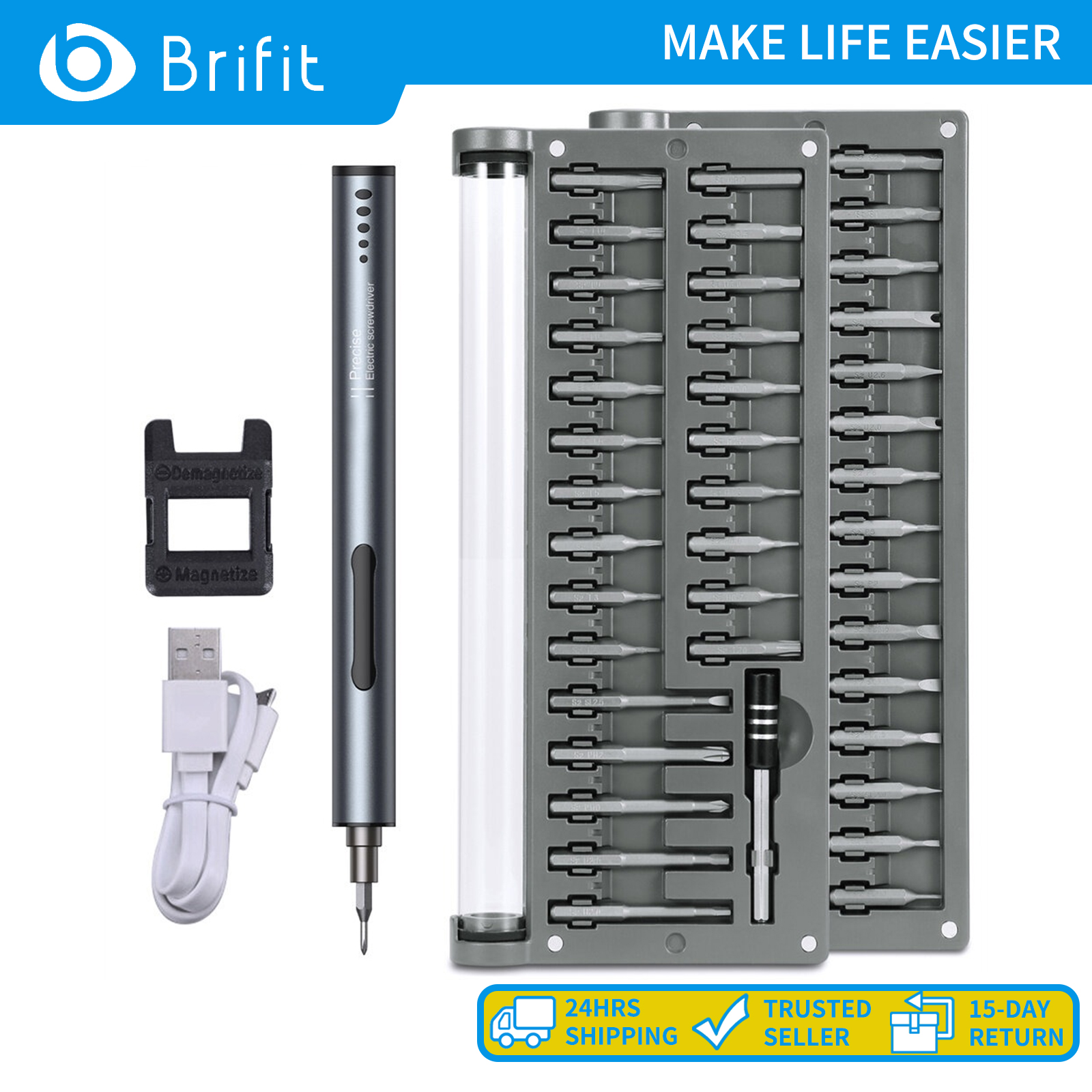 Brifit bộ tua vít điện 59 trong 1 bộ tuốc nơ vít sạc được usb bộ dụng cụ đầu thép s2 45mm + 28mm với 3 đèn led