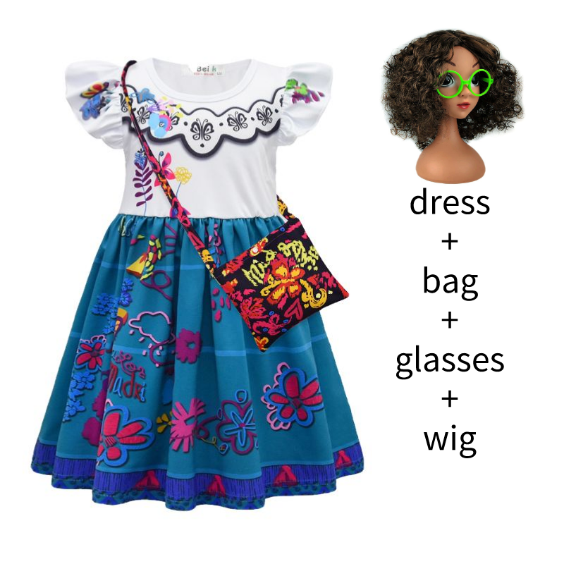 Encanto Dress Mirabel Kids Costume with Wig Girl Princess Dress Cartoon