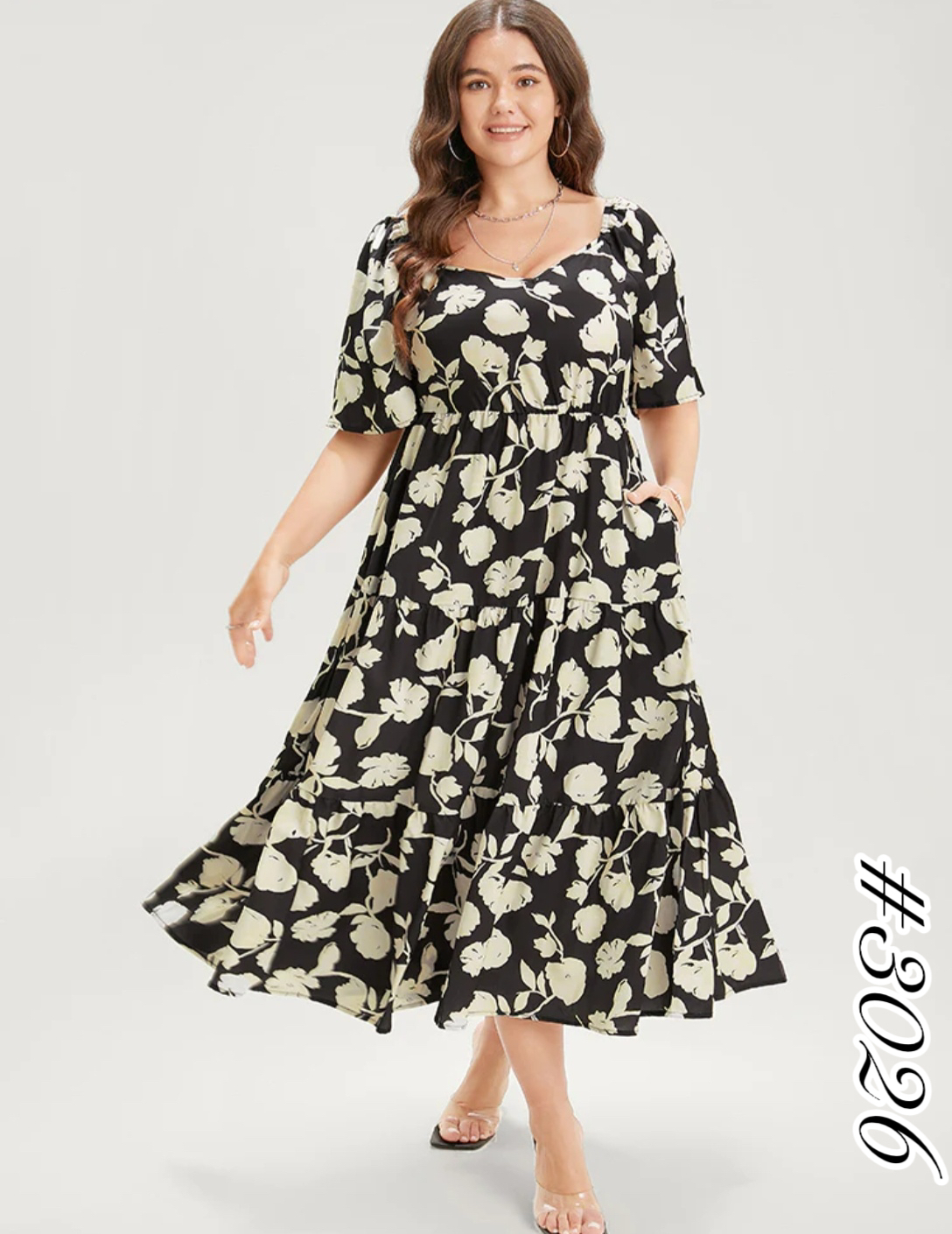 Plus Size Elegant Summer Floral Print Style Belted Front V-Neck Maxi Dress  For Women