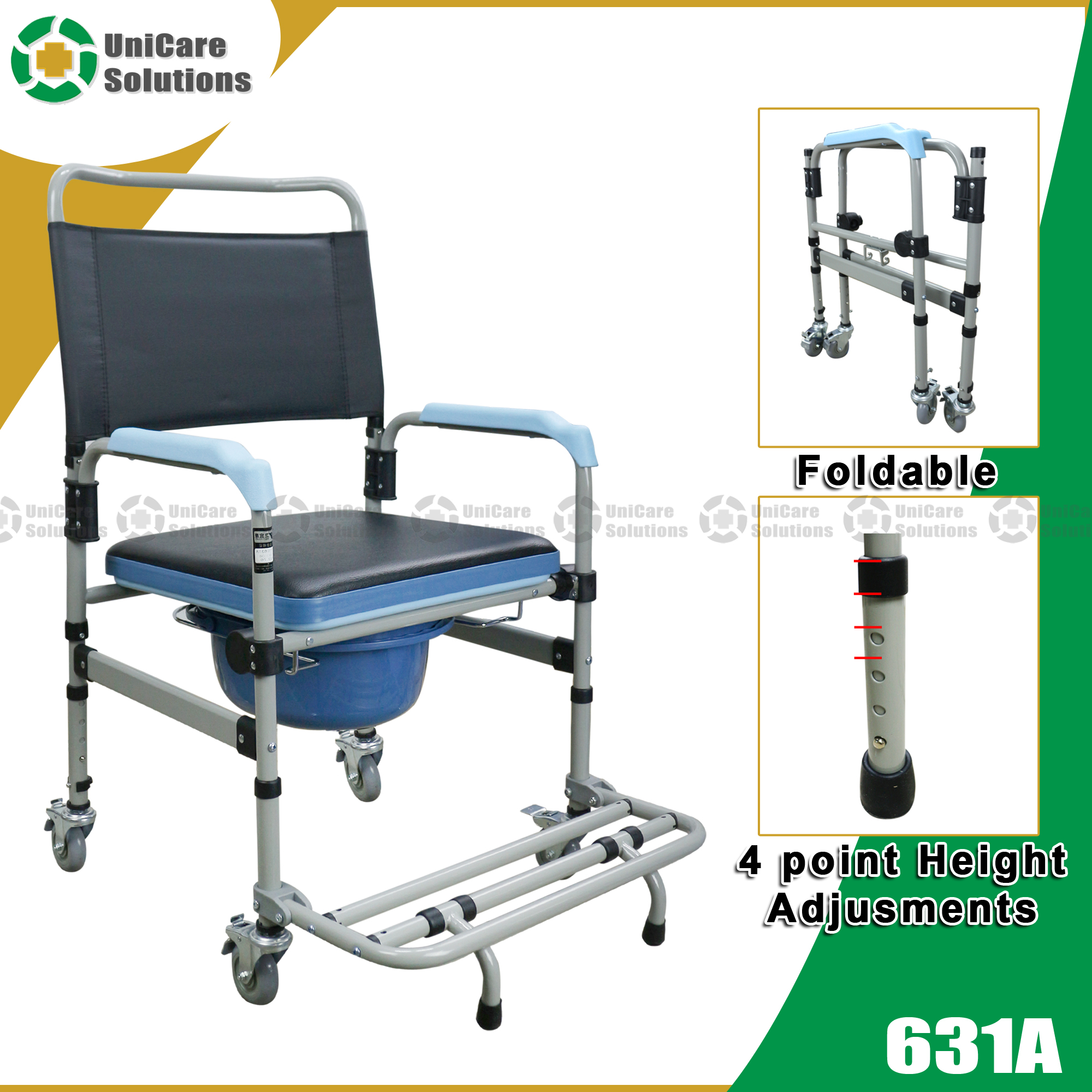 Unicare Solutions 631A Heavy Duty Foldable Commode Chair Toilet with Wheels Arinola with chair
