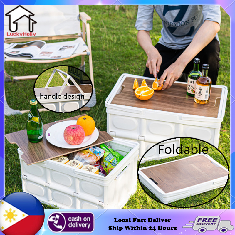 Outdoor Camping Storage Organizer Folding Box With Wooden Lid Car Storage  Box Food Organizer Container for Picnic Household