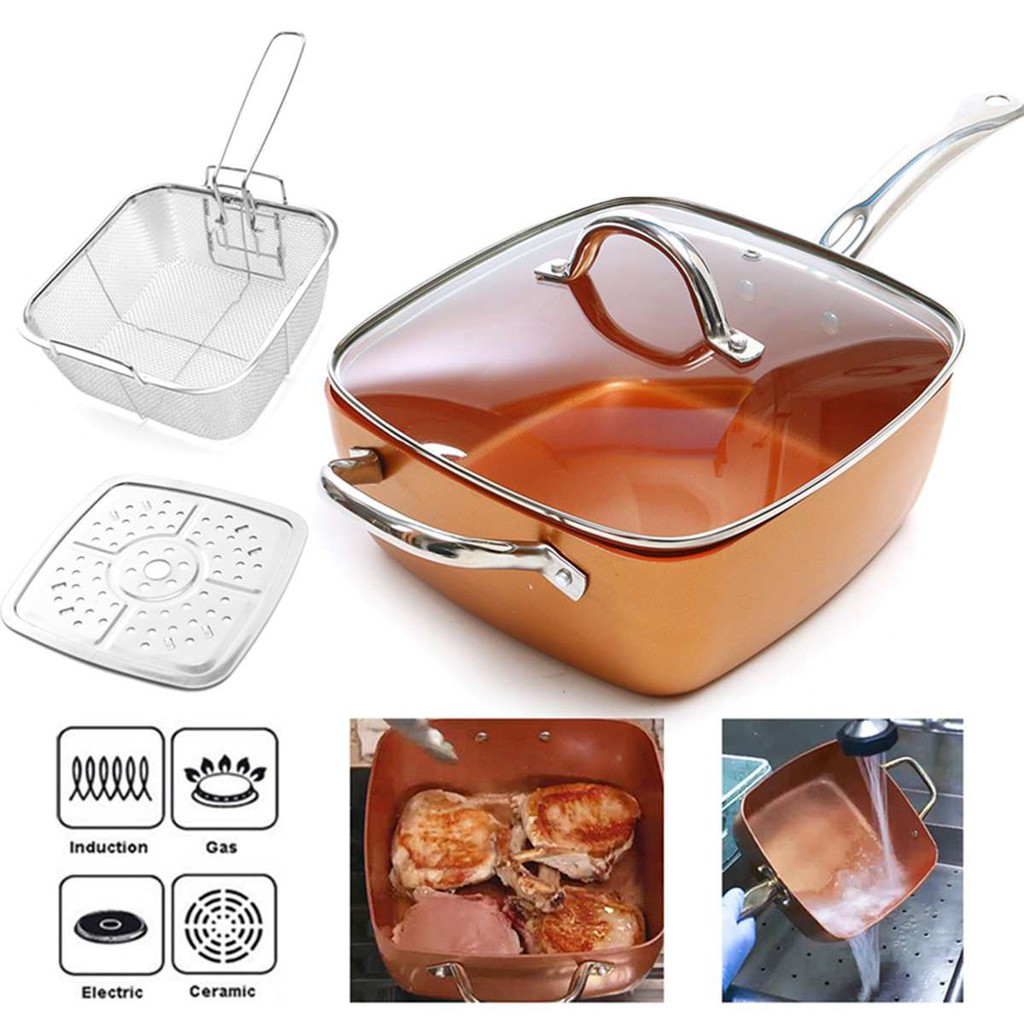 4 Pcs Set Deep Square Copper Non-Stick Induction Bottom Frying Pan Cookware NEW 
