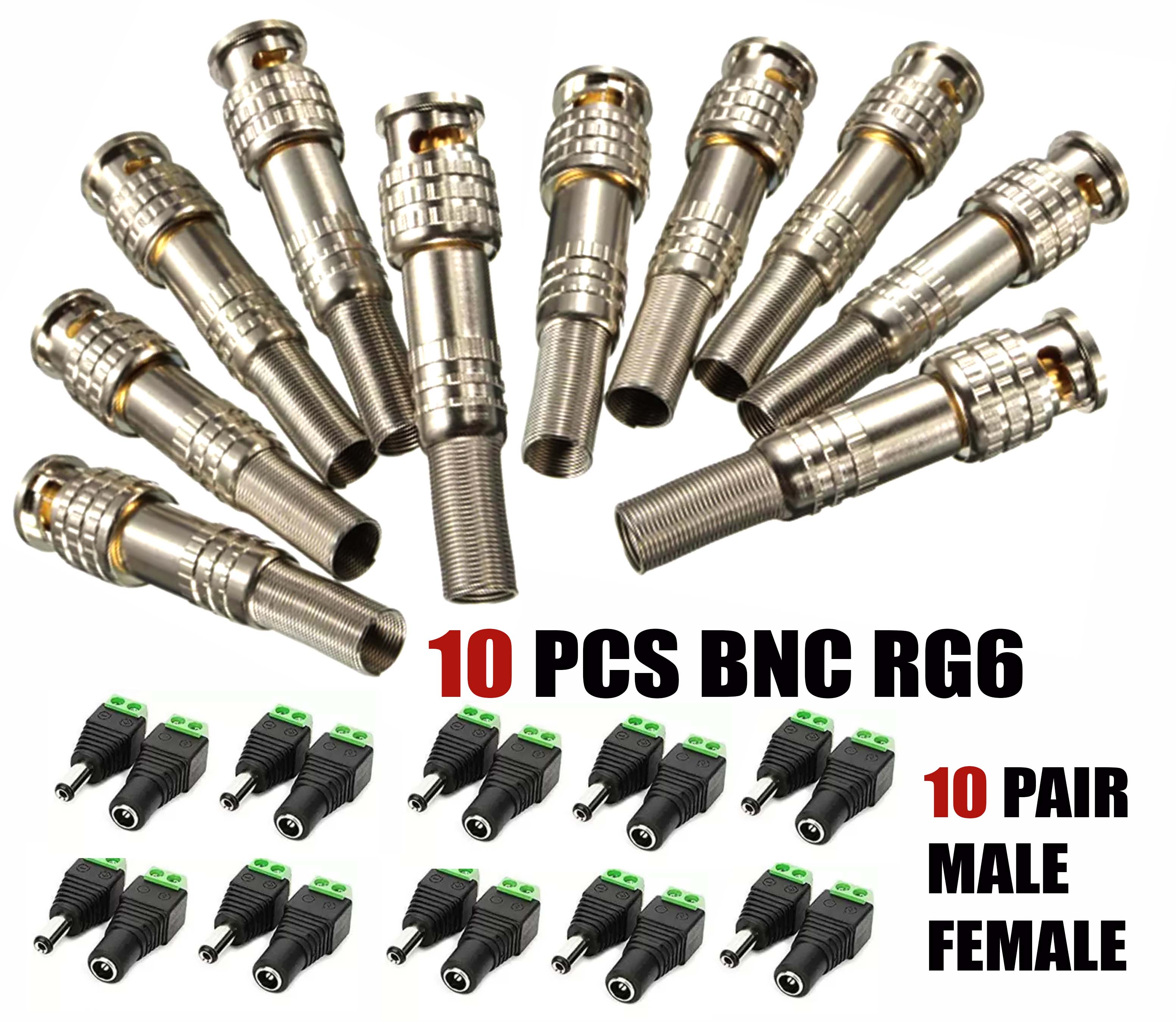 10 pcs BNC Adapter RG6 BNC Connector CCTV Camera Connector /w 10 Pair