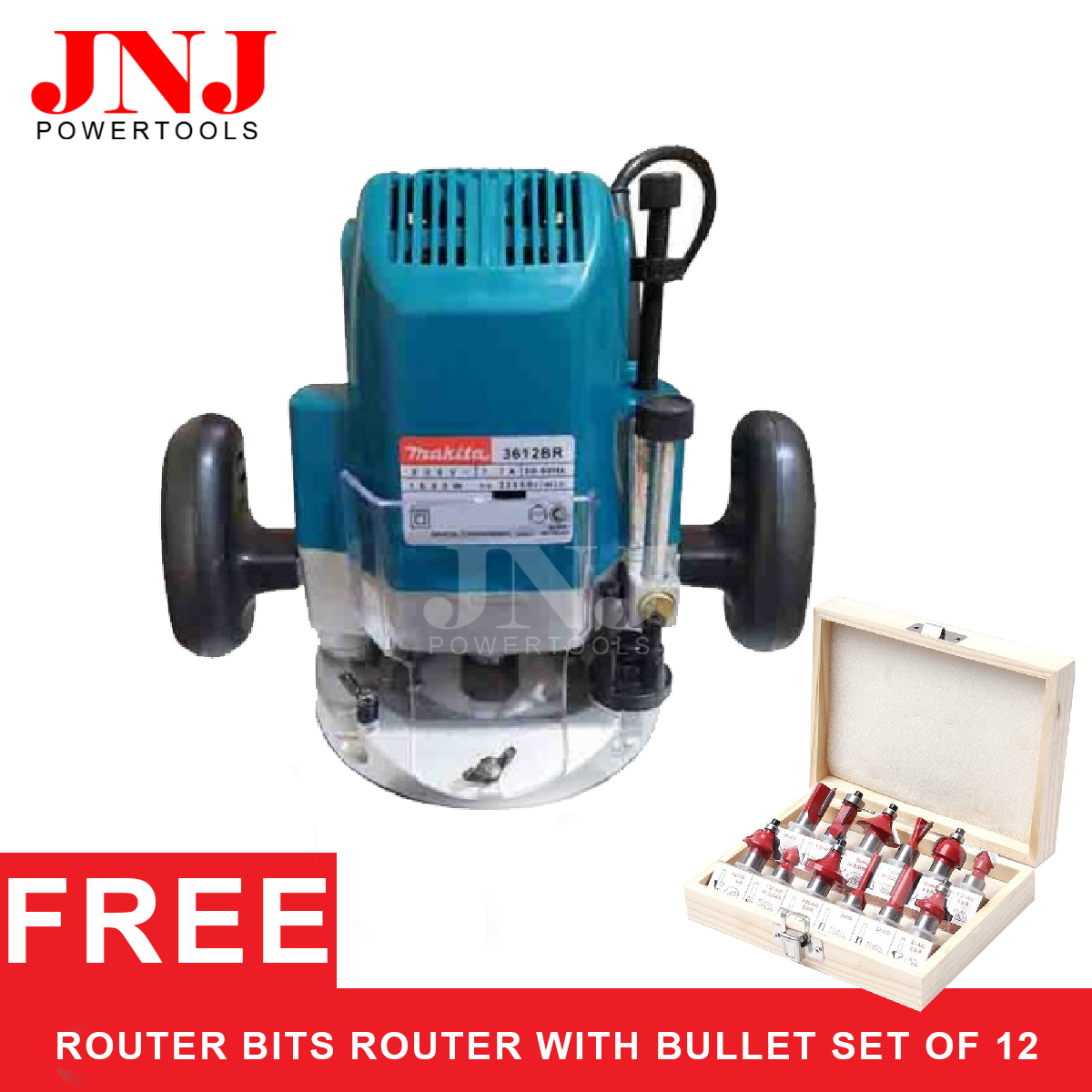 Makita 3612BR 12mm (1/2'') Plunge Wood Router (1600W) with Free 12pcs
