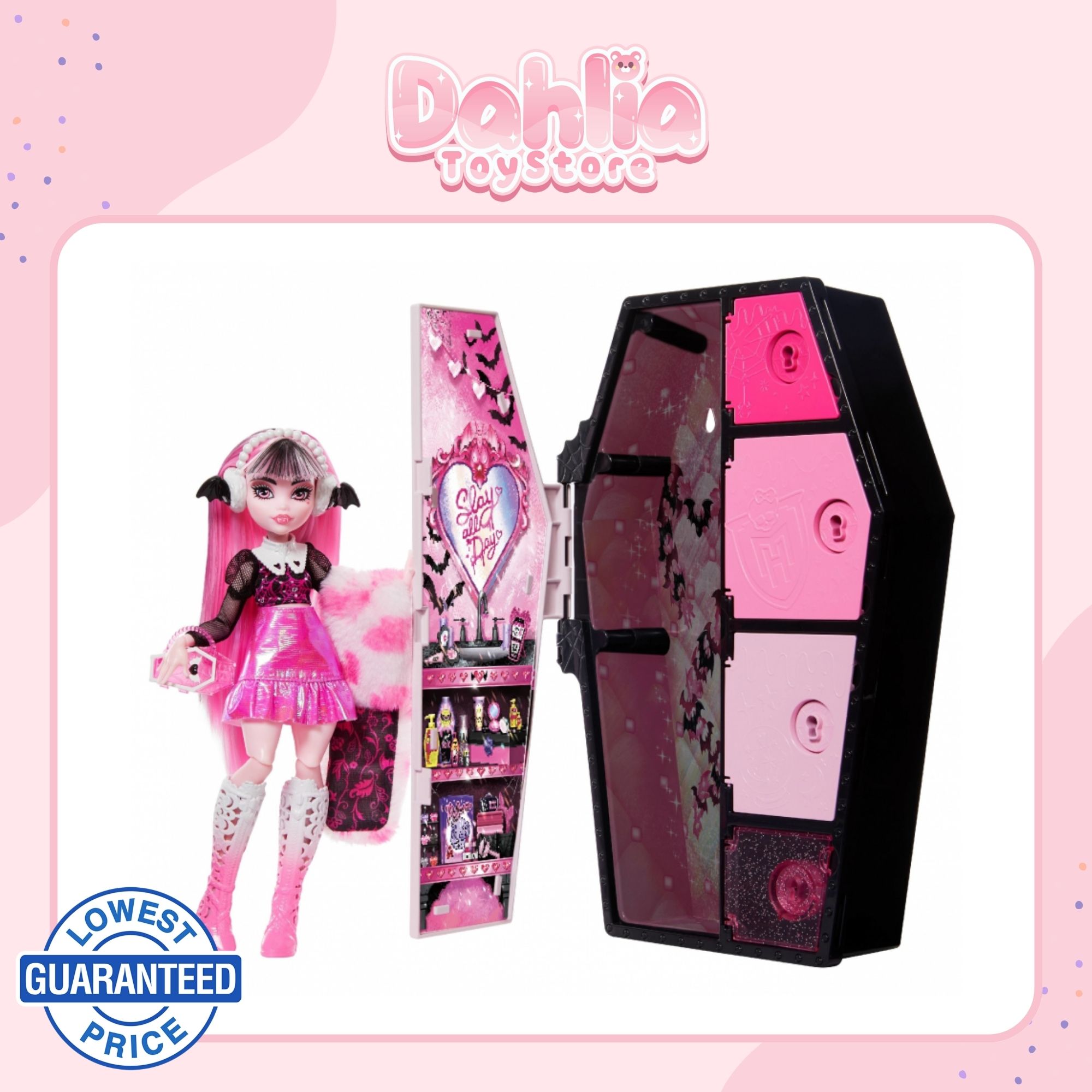 MONSTER HIGH - Draculaura Pink Vampire with Dress-Up Locker and 19
