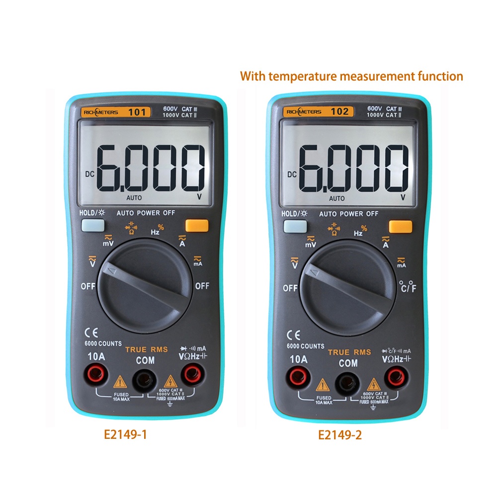 RICHMETERS RM101/RM102 Multimeter True RMS Multifunctional LCD Digital DMM DC AC Voltage Current Meter Resistance Diode Capacitance Tester Measurement Automatic Polarity Identification Ammeter Voltmeter Ohm