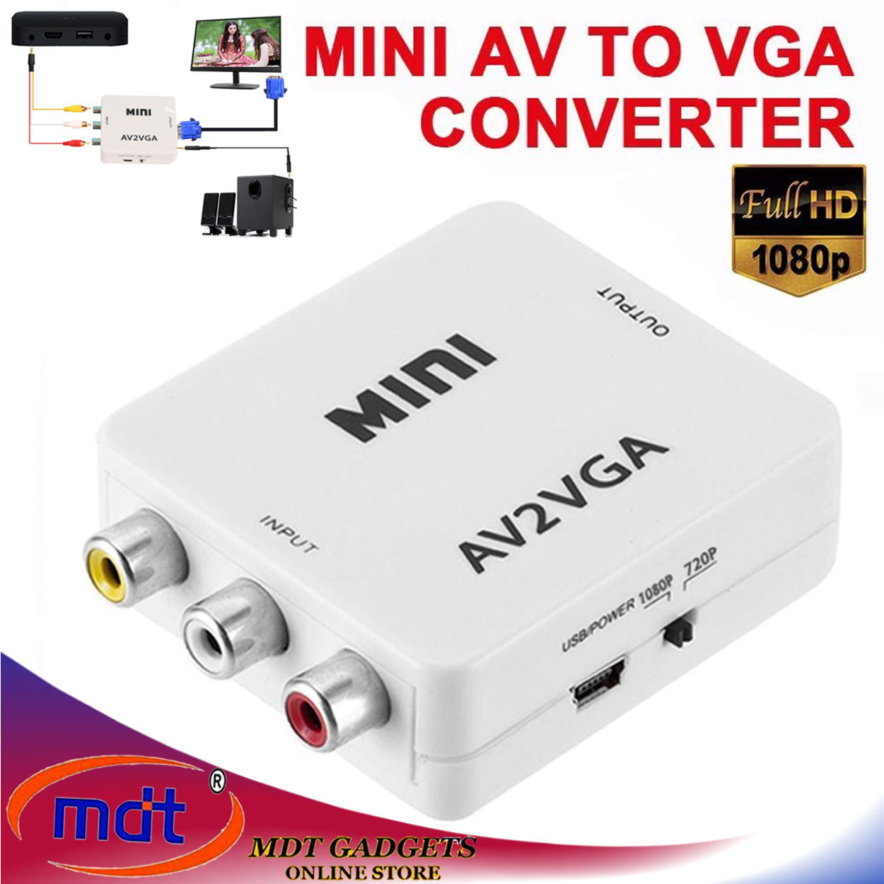 Mini HD AV2VGA Video Converter Box AV RCA CVBS to VGA Video HDTV