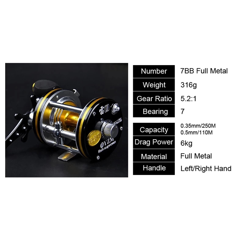 All-Metal Right/Left Hand Bait Casting Fishing Reel 7BB 5.2:1