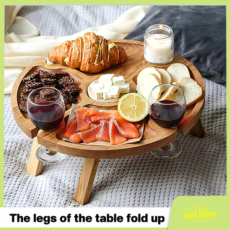 Wooden Outdoor Folding Picnictable With Glass Holder 2 In 1 Wine Glass