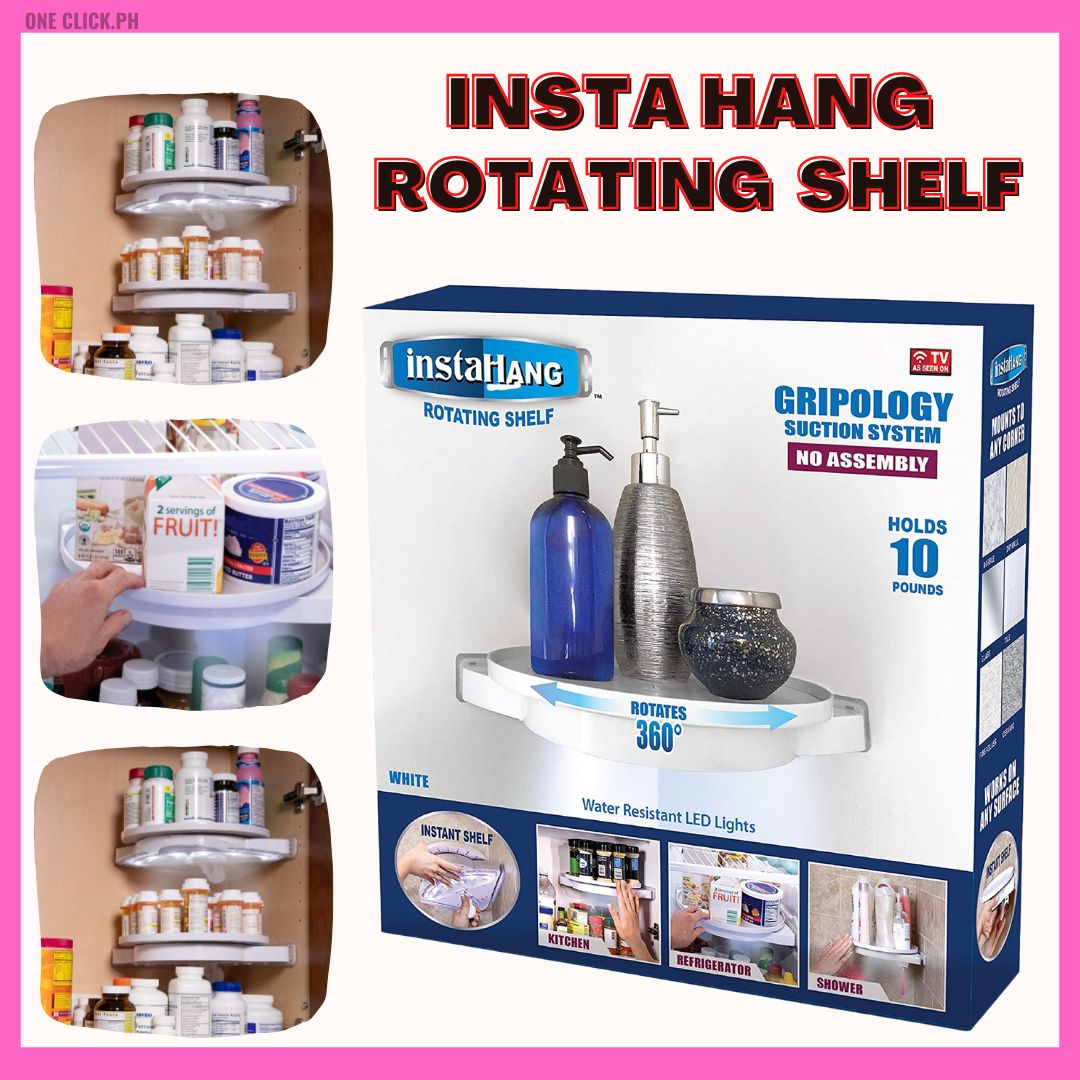 INSTAHANG Rotating Shelf, Storage Organizer with Water-Resistant LED  Lights, No-Assembly Wall-Mounted Shelf for Kitchen and Bathroom Caddy  Storage