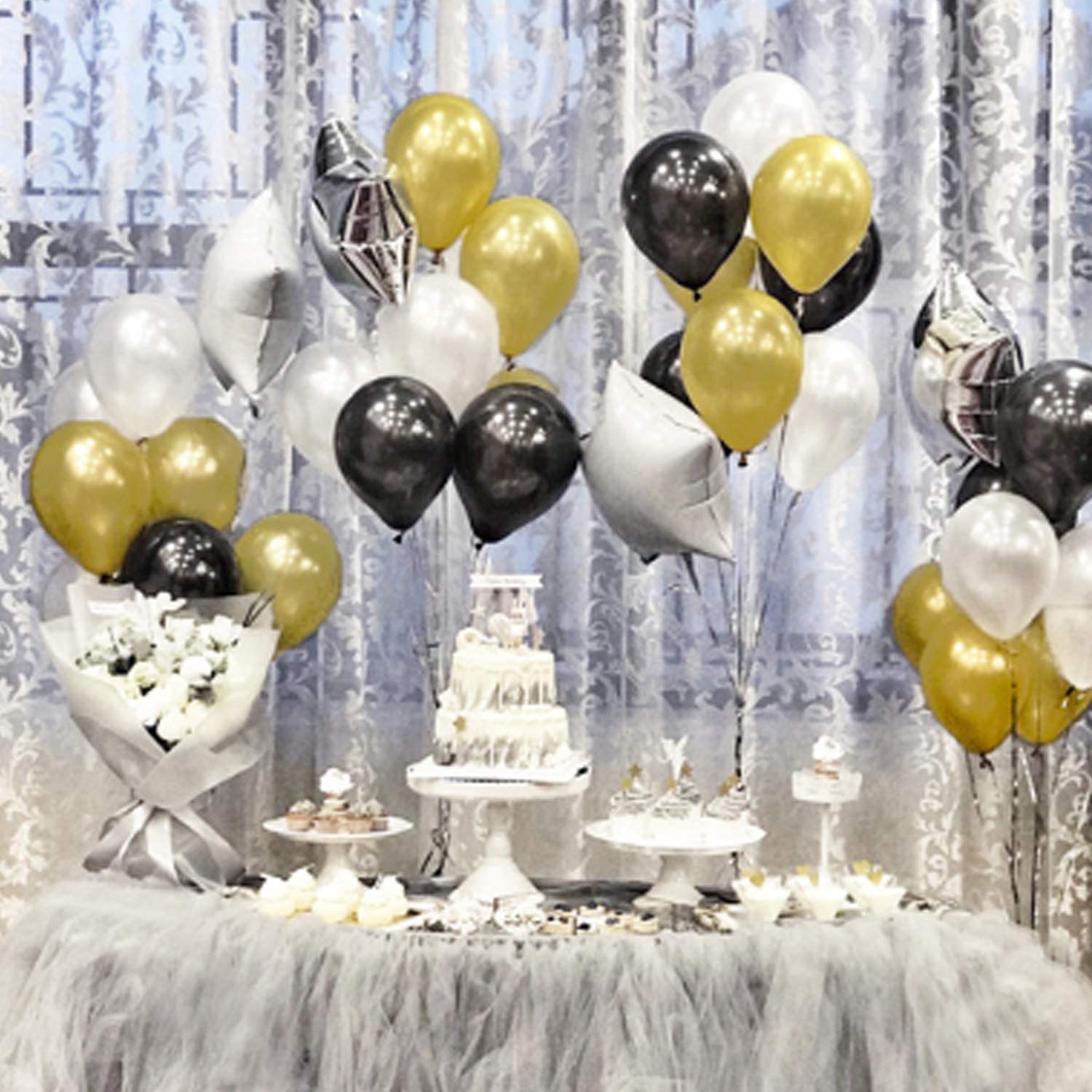 72 Pack Black Gold Confetti Balloons Kit - 12 inch Black Gold White Balloons and Gold Confetti Balloons with Balloon Ribbons for Graduation Birthday