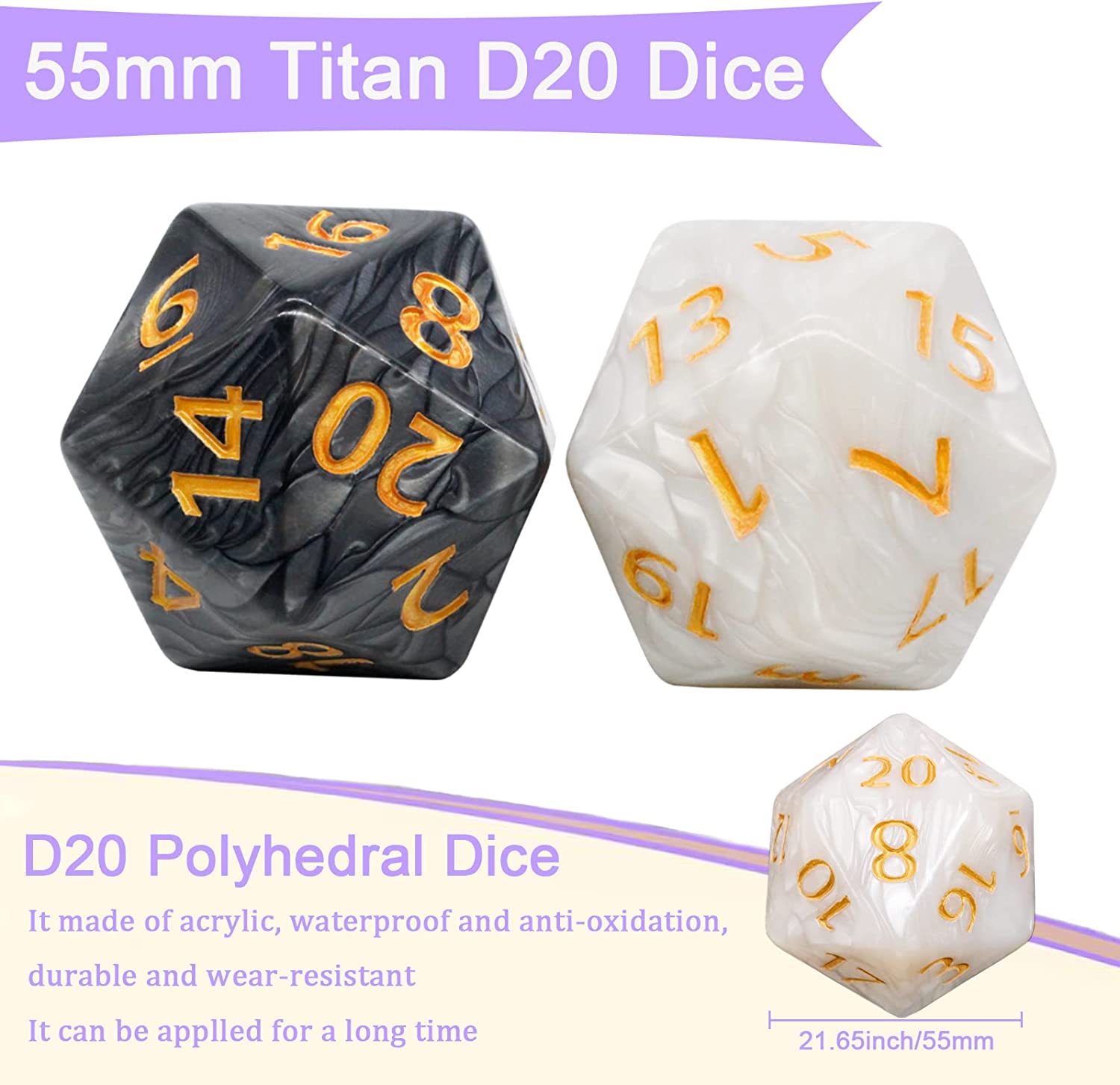 Giant 55mm D20 Dice For DND - Transparent Green With Gold Numbers RPG Gaming Dice