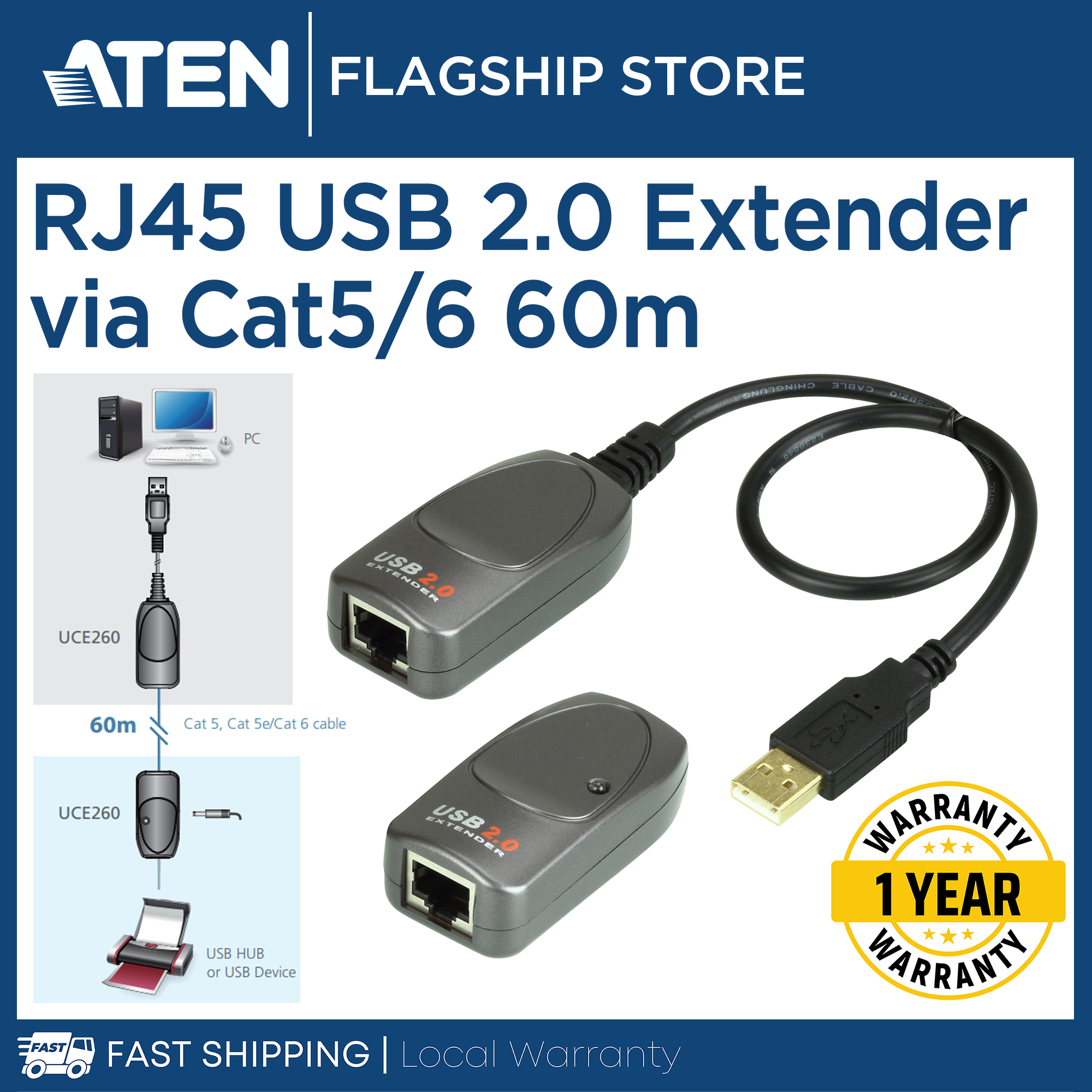 ATEN USB 2.0 RJ45 Extender Over UTP Cable Cat5e Cat6 ( up to 60m