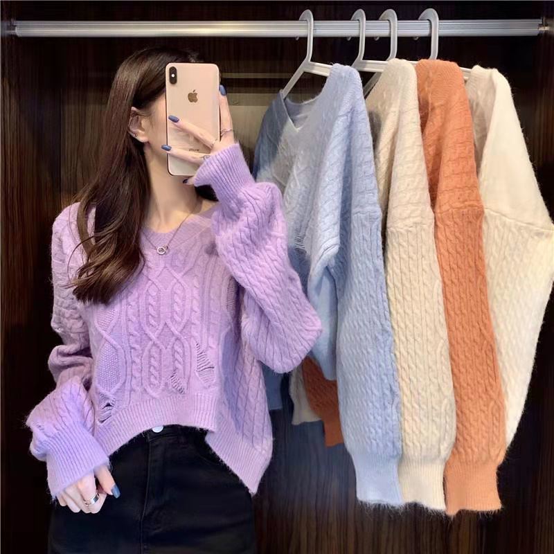 V-neck Ripped Purple Twist Sweater Women's Loose Pullover for Autumn and Winter Outer Wear Short Bottoming Sweater Top
