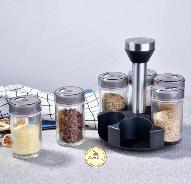 7 in 1 Kitchen Glass Bottle Spice Salt Condiment Rotating Tower