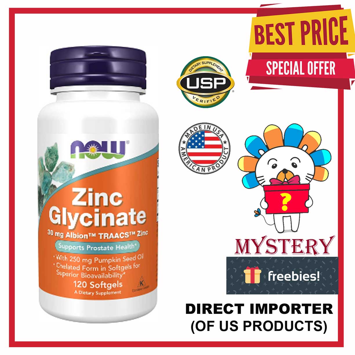 Now Zinc Glycinate 30mg Albion (Dietary Supplement) Supports Prostrate Health 120 Softgels