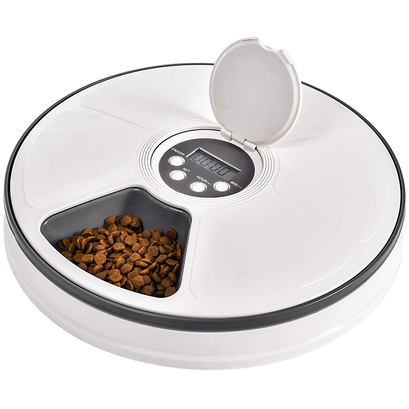 Automatic Pet Feeder Food Dispenser for Dogs, Cats & Small Animals - Features Distribution Alarms, Programmed Timed Self 6 Meal Trays Dry Wet, Digital Clock,Portion Control