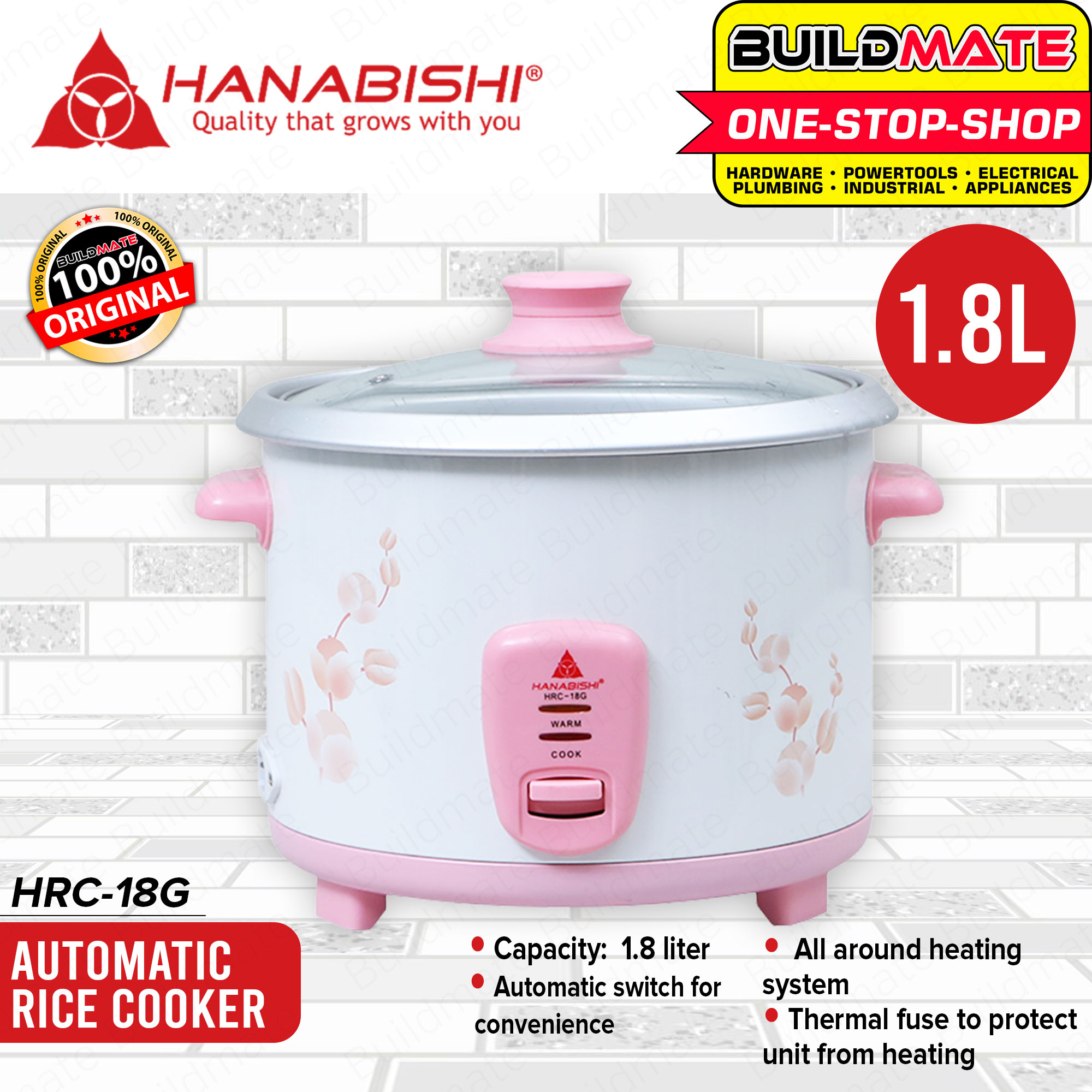 HANABISHI Rice Cooker 1.8L 10 Cups HRC18G •BUILDMATE• Lazada PH