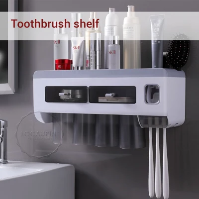 Locaupin Wall Mounted Large Capacity Toothbrush Holder with Cups Bathroom Shelf Organizer Rack and Lazy Automatic Toothpaste Squeezer