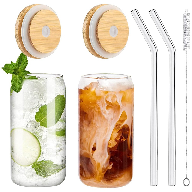 2pcs set, glass straw 16oz can shaped glass cups with lids and straws,beer glasses