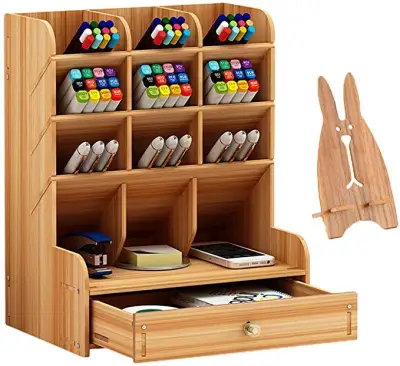 Bamboo Wooden Desk Organizer, Multi-Functional DIY Pen Holder Box, Office Supply Storage Rack with Drawer