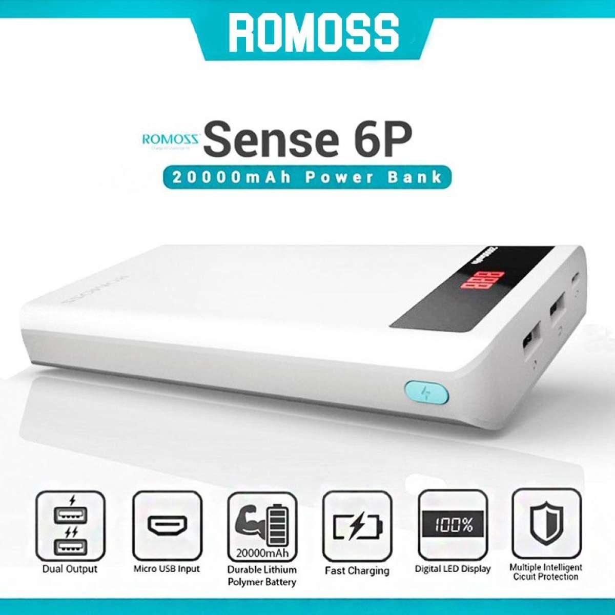 Romoss Sense 6P 20000mAh Dual Output LED Display Power Bank (White)