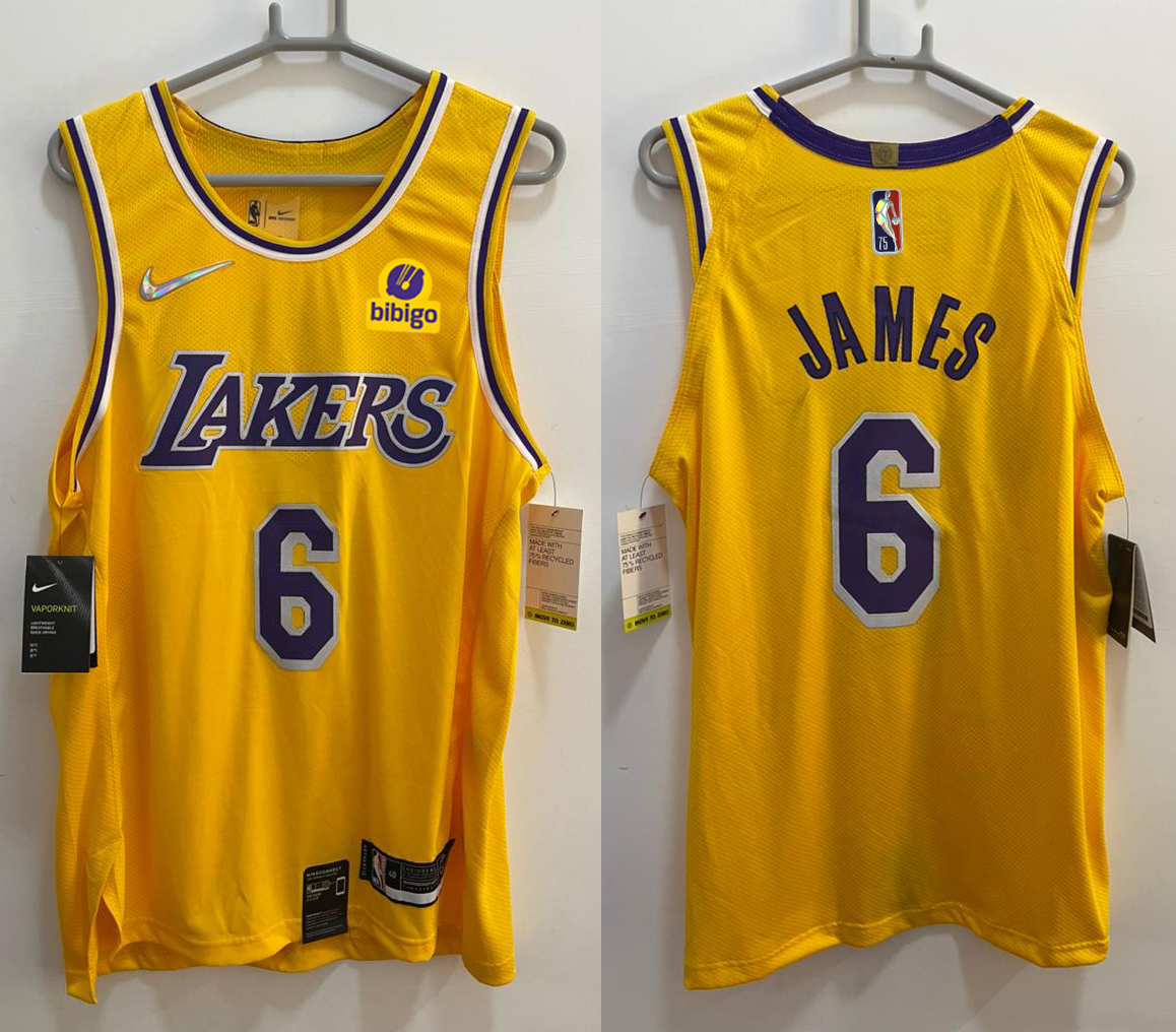 Original NBA Men's 2021-22 AU Yellow Los Angeles Lakers with or without  75th Diamond Logo #1 Russell #6 #23 LeBronˉJames Authentic Association  Edition Jersey with wish sponsor or bibigo sponsor