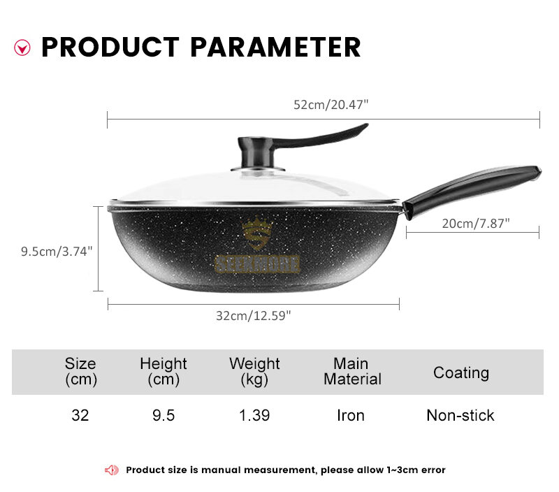 32cm Wok Pan Non Stick Original with Cover Lid Cast Iron Deep Frying
