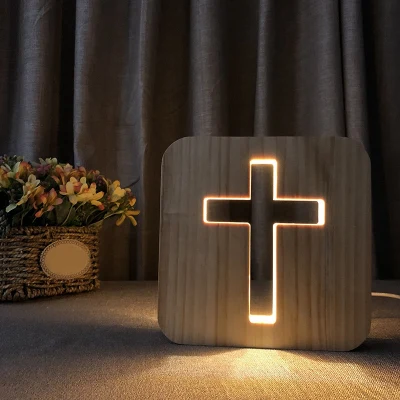 3D LED Lamp Night Light USB Desk Table Lamps Christianity Crucifix Crafts for Gift Home Decoration Wooden Cross