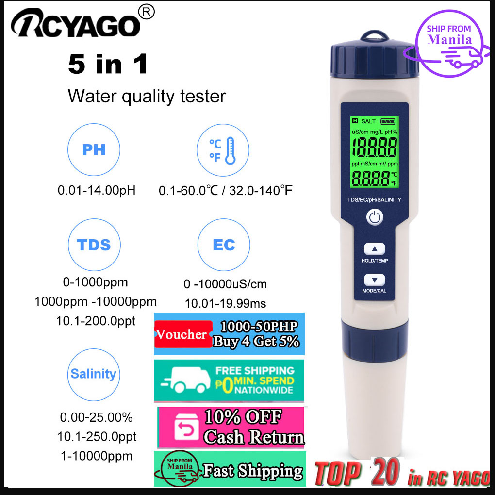 Drinking Water Aquariums RCYAGO Water Quality Test Meter 5 in 1 TDS/EC/Salinity/S.G/Temp Multi-Function Water Quality Monitor Tester for Pools 