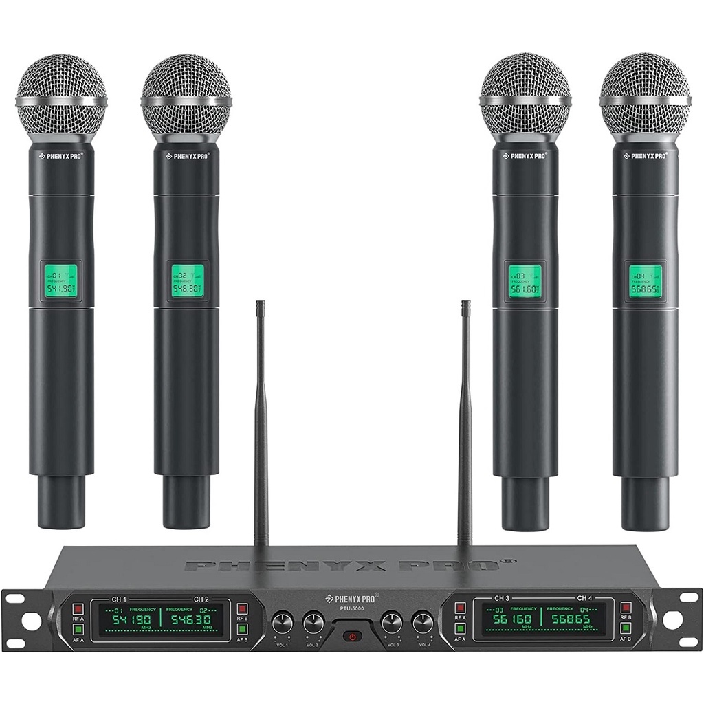 Phenyx Pro Best Budget Wireless PTU7000A 4channel UHF Wireless Microphone System with 4x