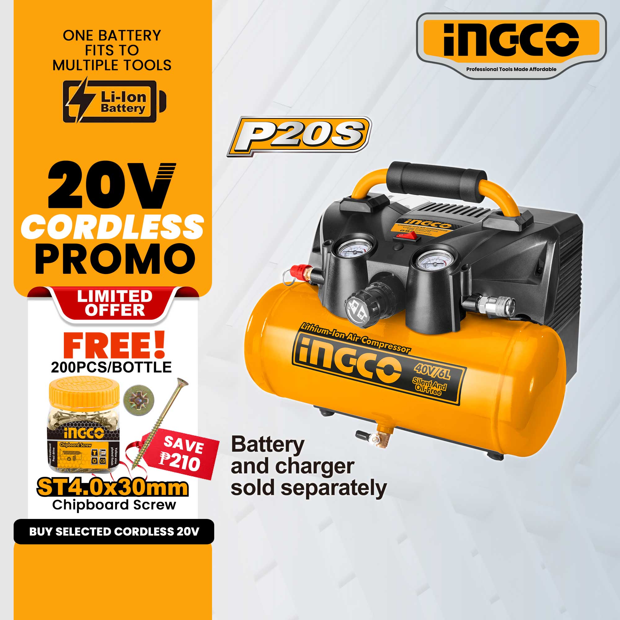 Ingco 40V CACLI2003 Cordless Air Tools Compressor Tire Inflator 6L ...