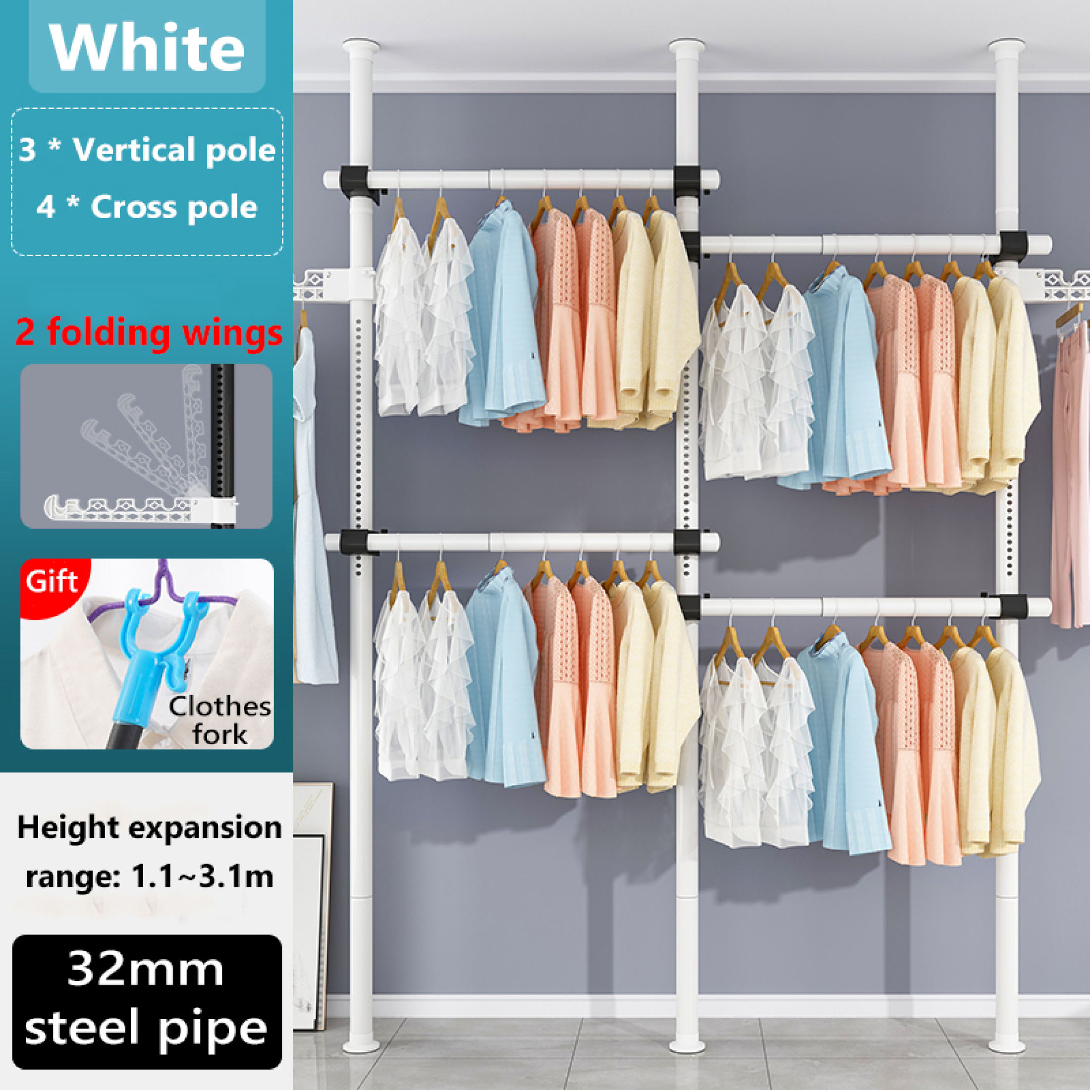 Open wardrobe rack metal clothing storage organizer for clothes hanging rod drying rack hanger