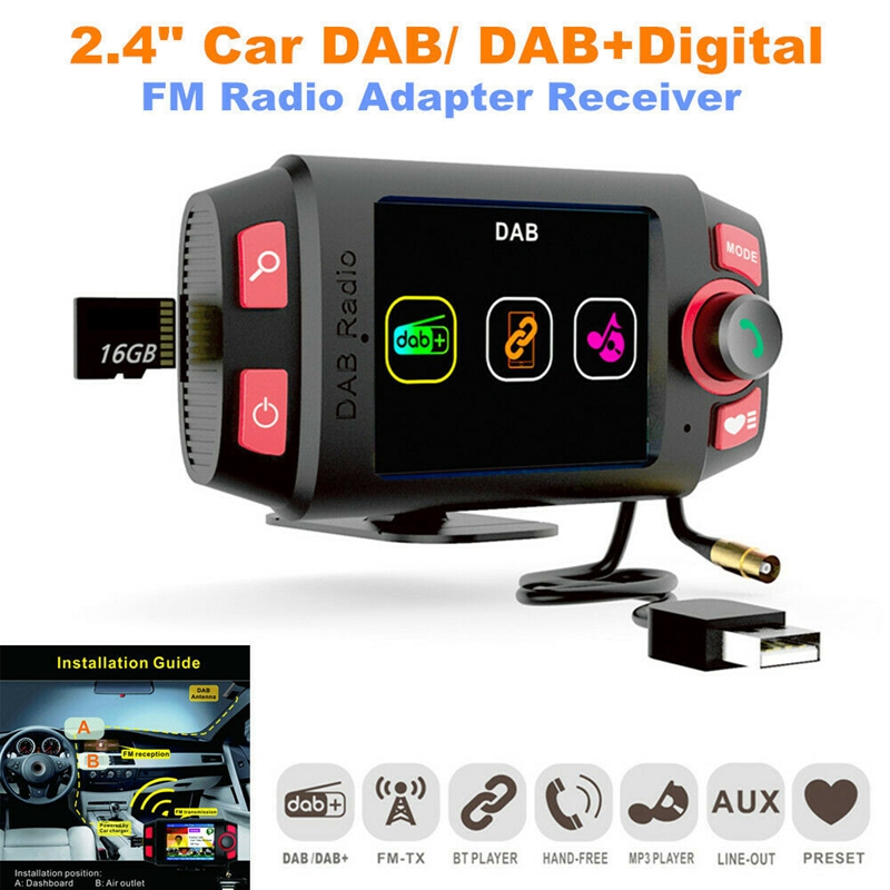 2.4นิ้วรถ DAB +/ระบบวิทยุอะแดปเตอร์เครื่องส่งสัญญาณ FM แฮนด์ฟรี Bluetooth และเล่นเพลงชุด MP3ผู้เล่น