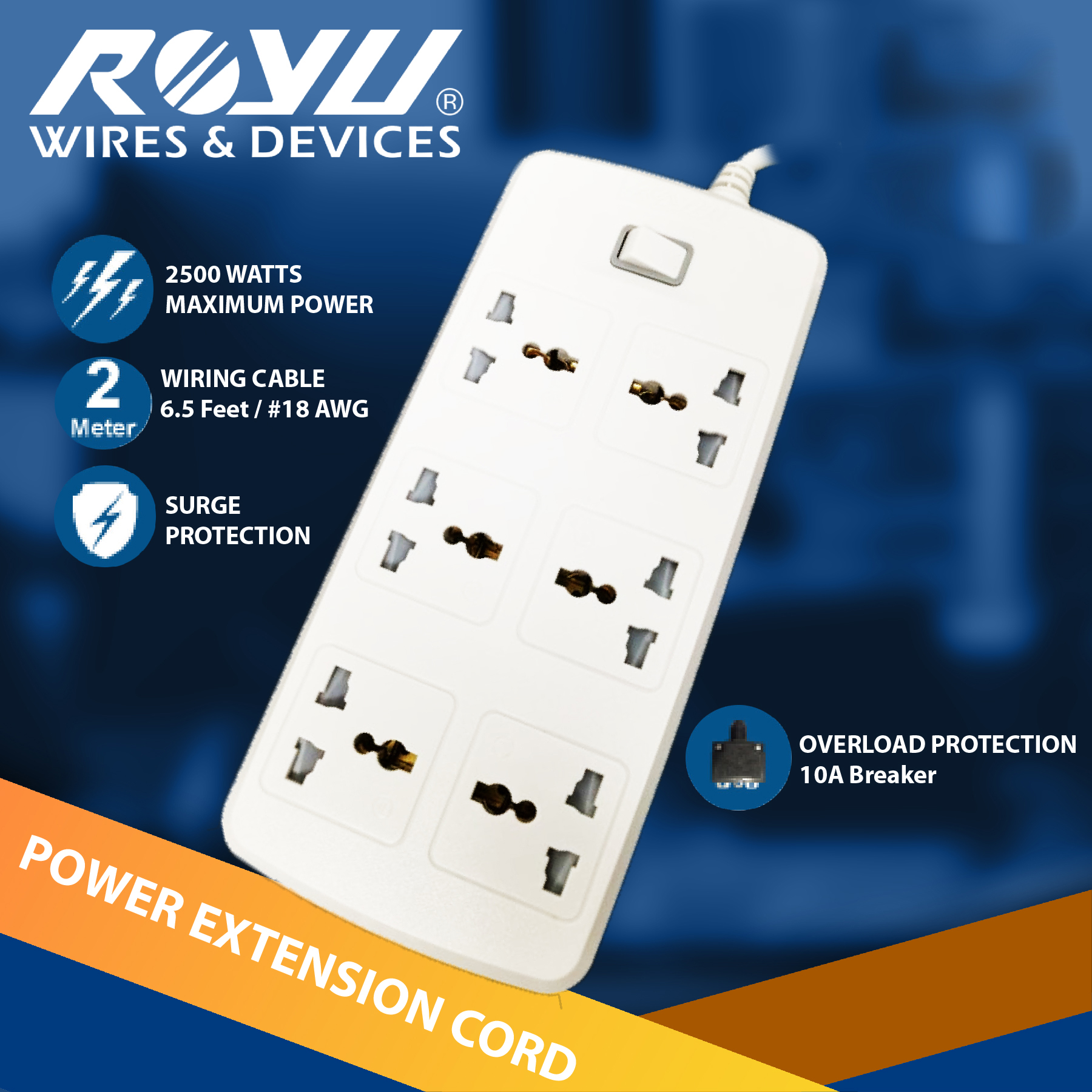 Royu Power Extension Cord Overload and Surge Protected 6 Outlets w/ One