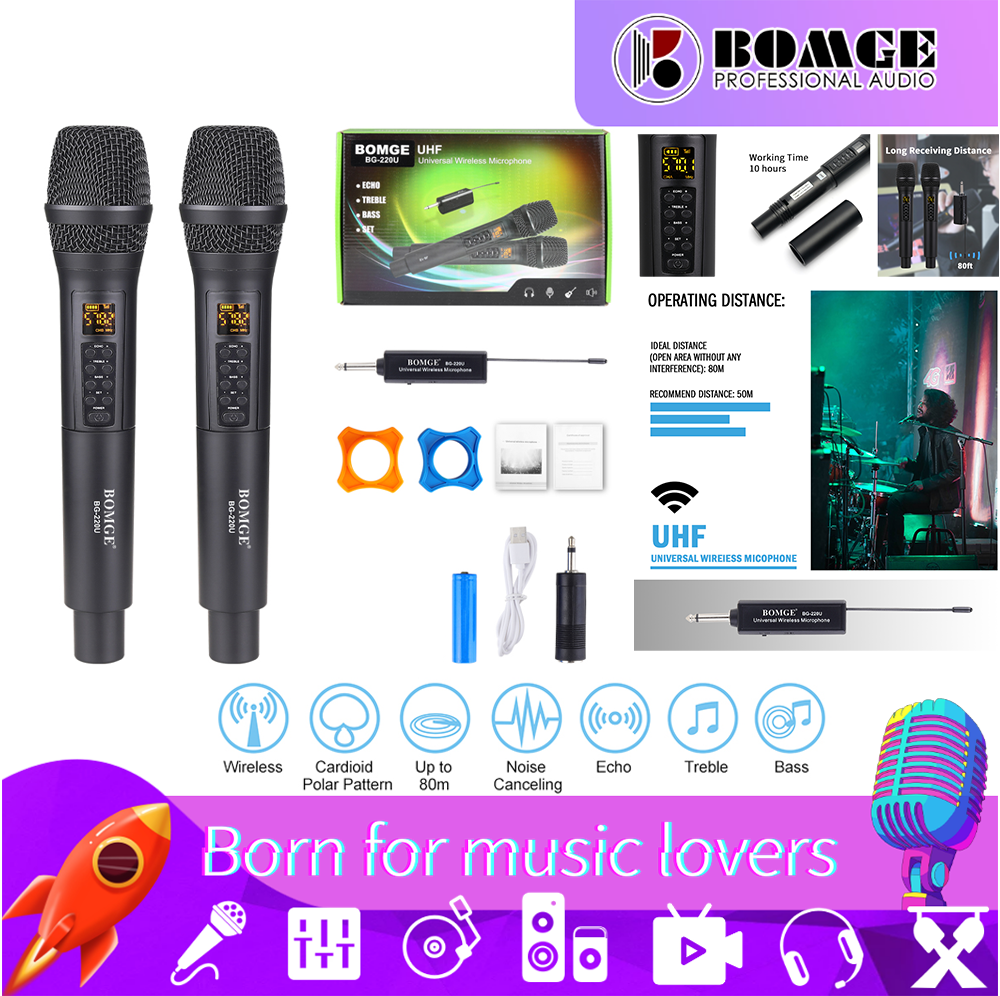 BOMGE UHF Wireless Recording Karaoke Microphone Cordless 2 Mics Player