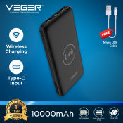 VEGER Wireless Slim Powerbank - 10000mAh, Dual USB Output