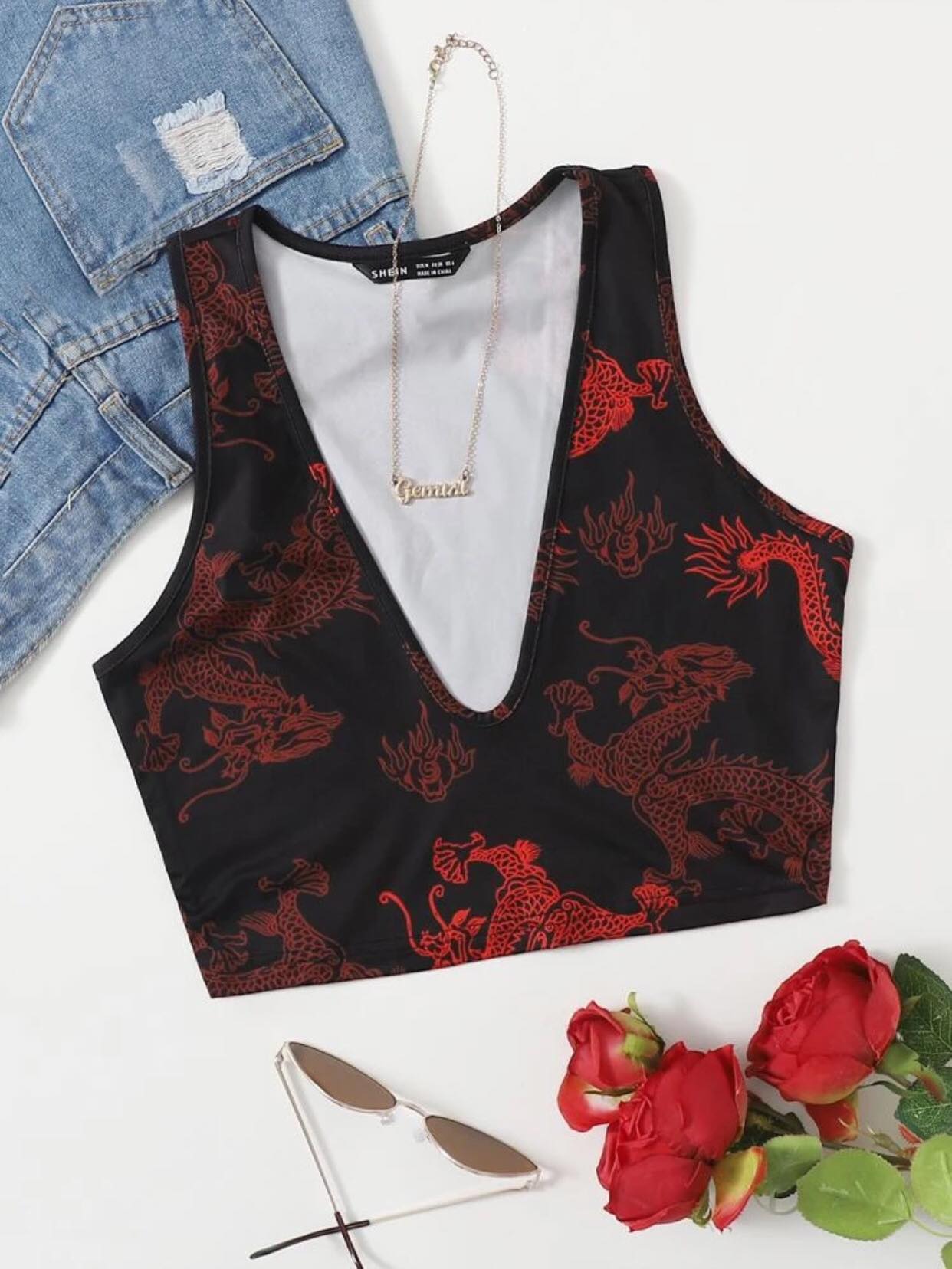 Shein Black And Red Chinese Dragon Crop Top Women Large for