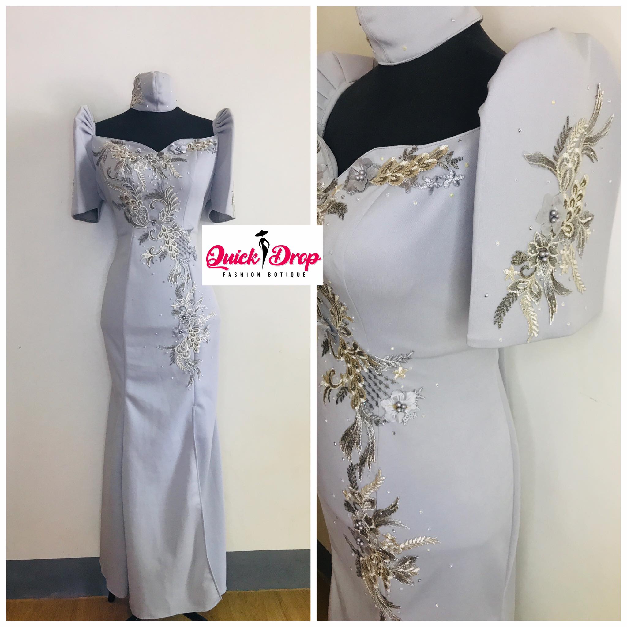 Neoprene Silver Filipiniana Full Studded Lace Long Gown - Bea MR48