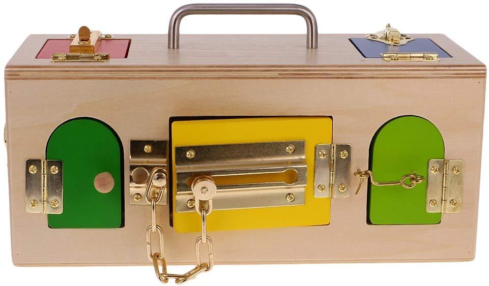 Montessori Colorful Wooden Lock Box Toy with 10 Different Doors