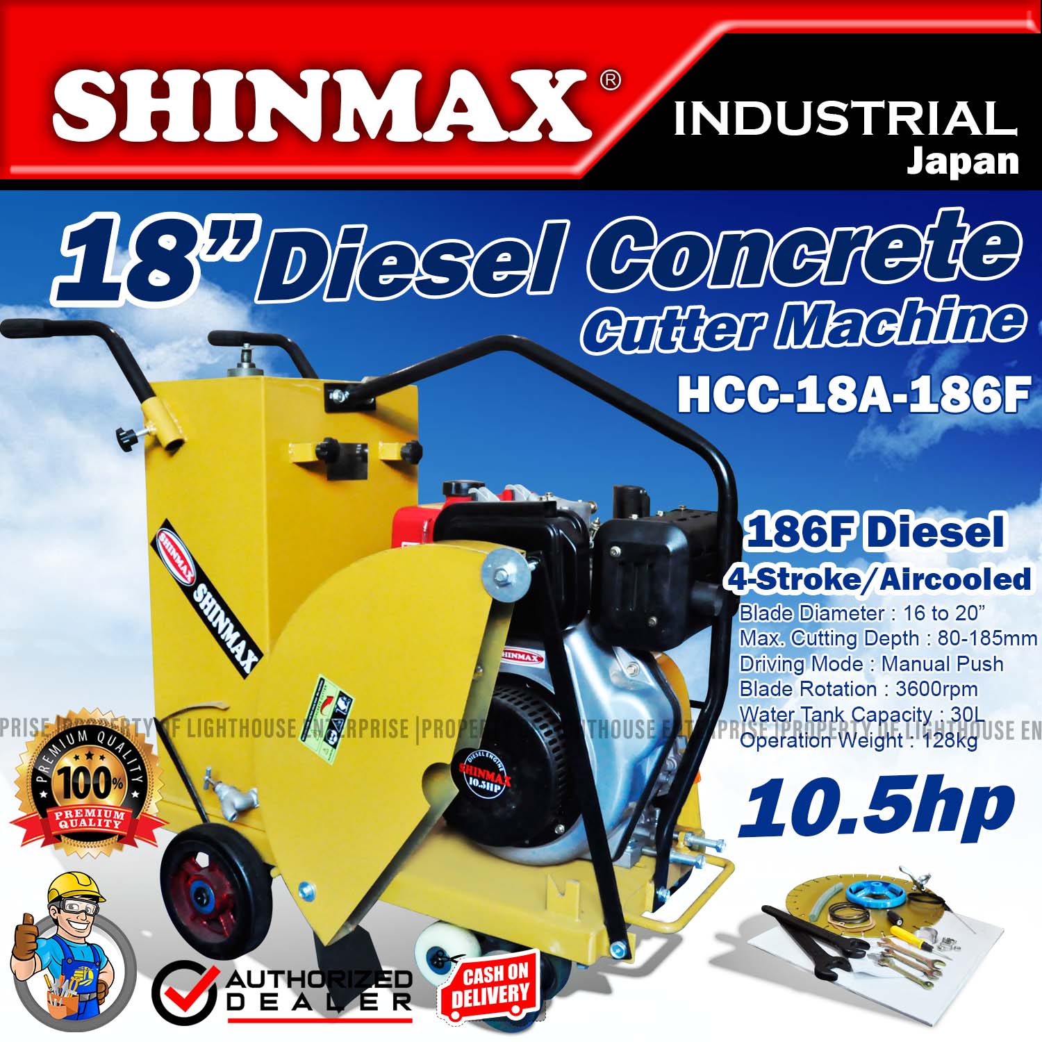 Shinmax 18” 105hp Heavy Duty Diesel Concrete Cutter Saw Machine Japan Technology Hcc 18a 186f