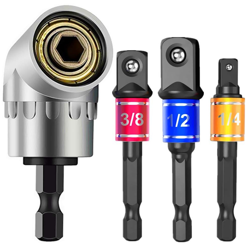 Impact Grade Power Hand Tools Driver Sockets Adapter Extension Set, 3Pcs Hex Shank Drill Nut Driver Bit Set + 105 Degree Right Angle Driver Extension Screwdriver Drill Attachment